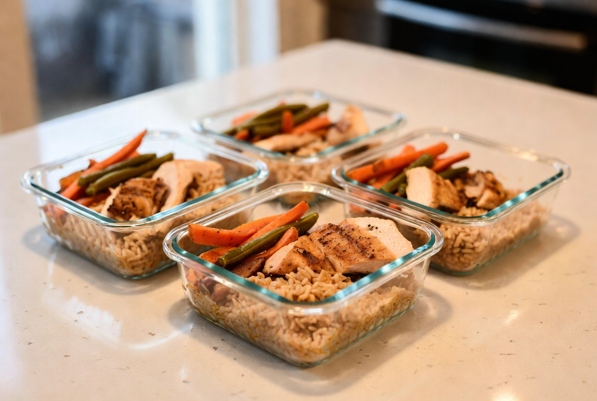 User sitting at desk with meal prep containers, phone showing app interface, warm lighting, lifestyle illustration
