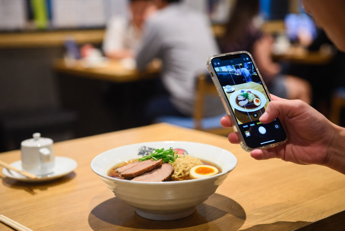 Modern phone interface with AI chat bubble, food photo, smooth design
