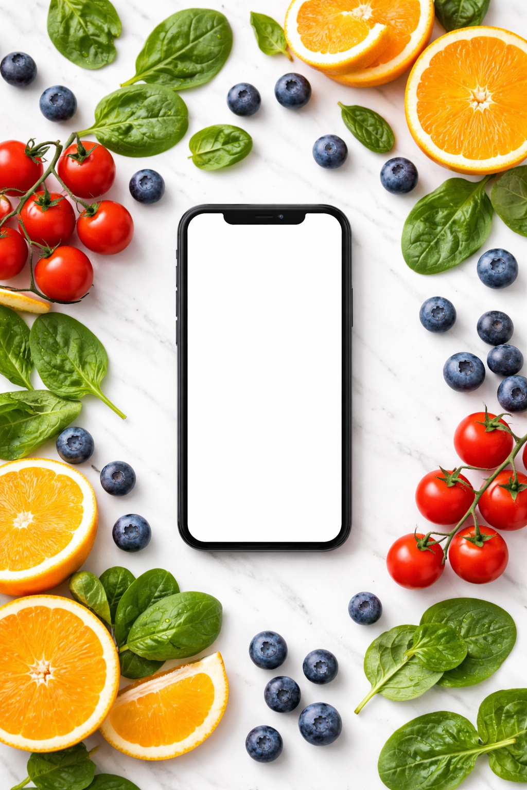 Phone surrounded by fresh food, bright colors, success/achievement feel