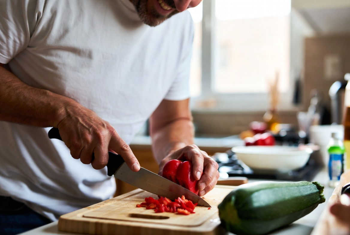 Happy person preparing healthy meal, warm kitchen lighting, genuinely relaxed expression