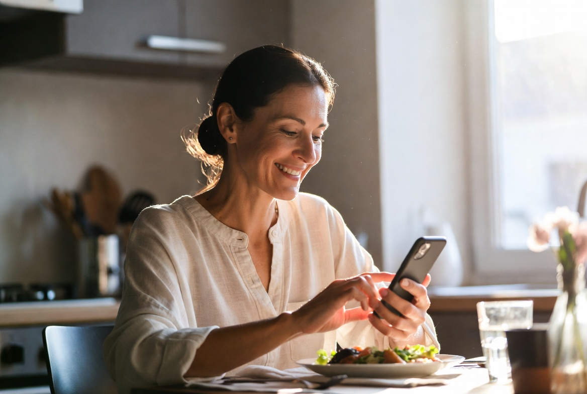 Person using phone to track meals, warm supportive environment, no stress visible in face