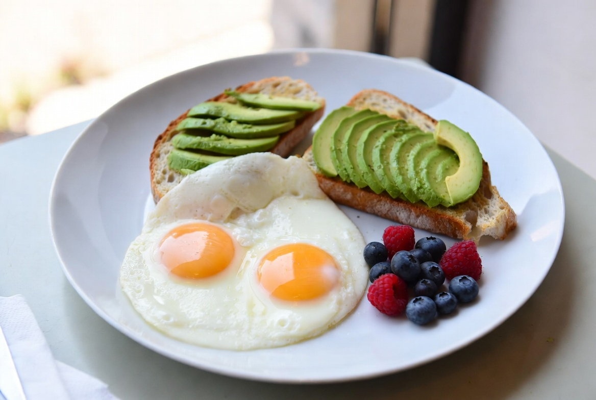 A light breakfast spread with eggs, avocado on toast, and fresh berries on a white plate, warm natural lighting, flat lay style