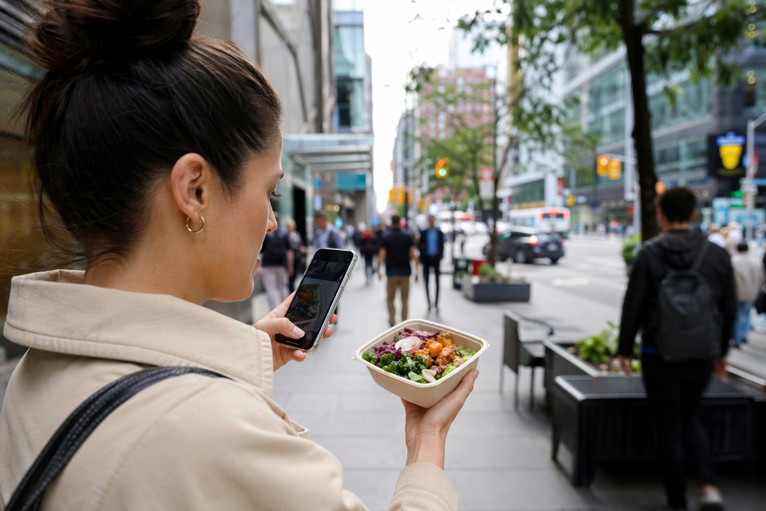 Person standing on a busy city sidewalk photographing a lunch bowl in a takeaway container with a phone, realistic editorial lifestyle photograph